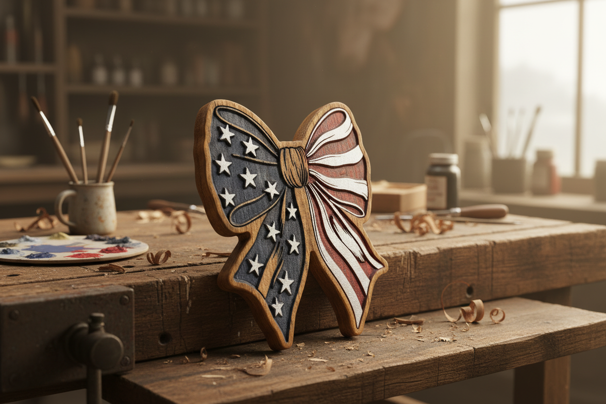 USA Bow and Ribbon patriotic wood art piece — precision-carved Cherry, hand painted in red, white, and blue, Missouri-made by Sparky's Woodworks