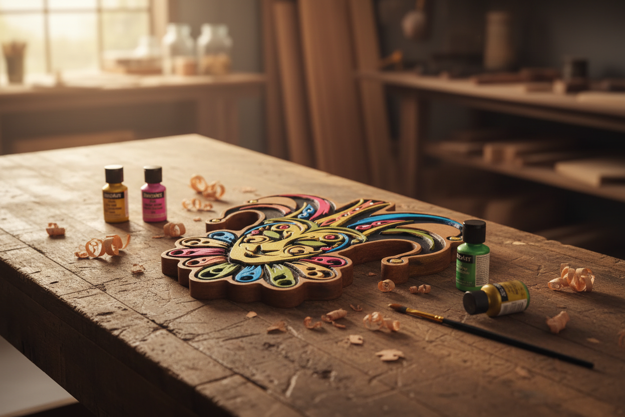 Hand-carved Cherry wood jester with DecoArt Extreme Sheen metallic paints on a rustic workbench at Sparky's Woodworks