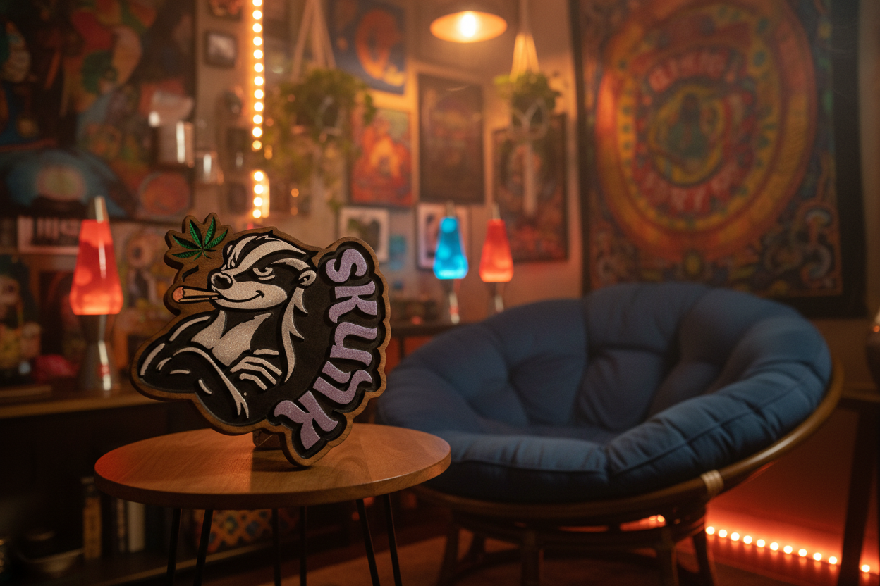 Skunk Smoking Skunk Small carved wood canna art by Sparky's Woodworks displayed in a cozy bohemian room