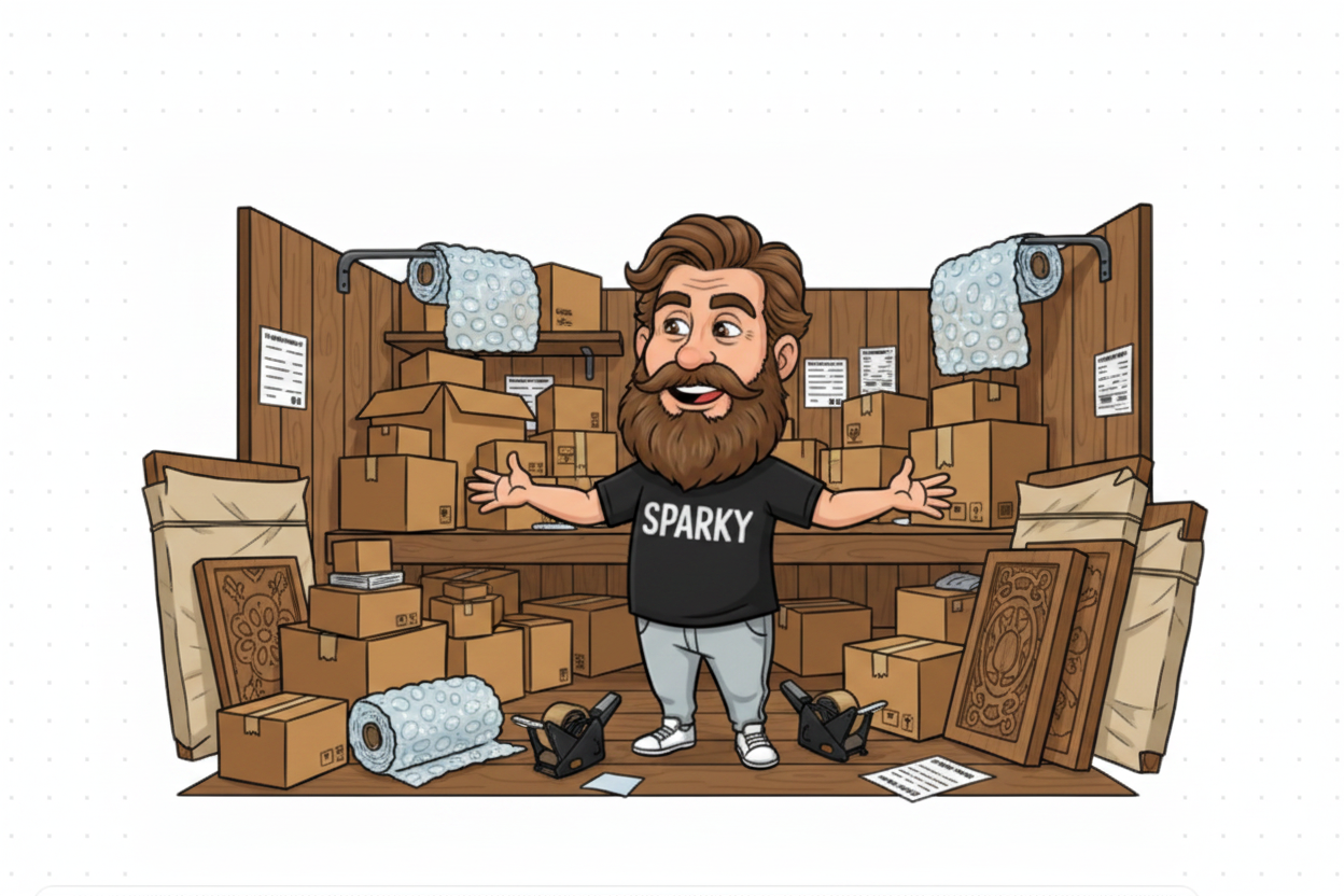Sparky's Woodworks cartoon caricature — Sparky surrounded by packed shipping boxes and wrapped wood signs ready to ship, Made in USA
