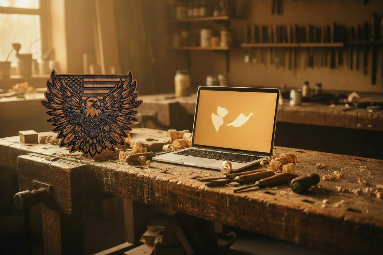 Sparky's Woodworks craftsman workbench with a laptop and a precision-carved Patriot Eagle with Flag hardwood sign, warm golden workshop lighting, wood shavings and carving tools, Missouri Made in USA
