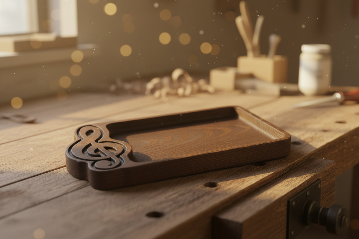 Precision-carved extra thick Roasted Ash treble clef wood tray lying flat on a rustic workshop workbench — handcrafted and Missouri-made by Sparky's Woodworks