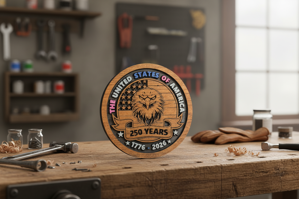 Precision-carved Cherry wood eagle sign on a rustic workshop workbench — handcrafted and Missouri-made by Sparky's Woodworks
