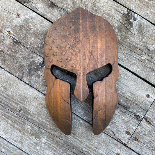 3D USA Spartan Helmet #2 - Precision Carved Solid Cherry Sign Art - Size Medium - Brown - Made in USA