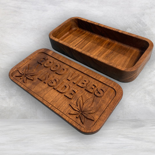 Medium Wood Box with "Good Vibes Inside" Carved Lid - Precision Carved Solid Cherry Wood Box - Made in USA