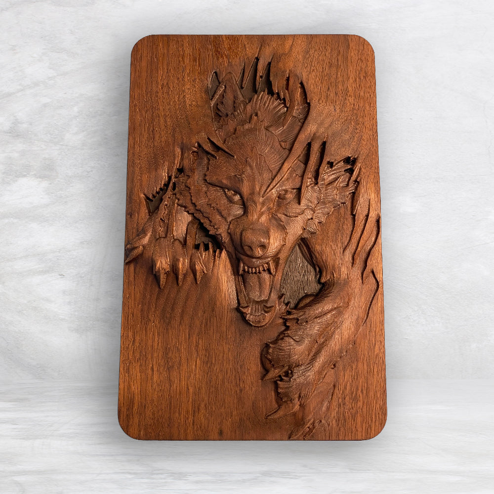 3D Wolf "Mallister Growley" Wood Carving - Precision Carved Solid Premium Walnut Carved Art - Made in USA