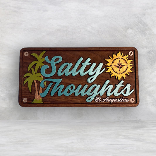 Salty Thoughts - Personalized Precision Carved Solid Cherry Novelty License Plate - Made in USA