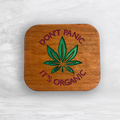 Solid Cherry Wood Box with Lid - Natural Stain & Hand Painted - Don't Panic It's Organic - Made in USA