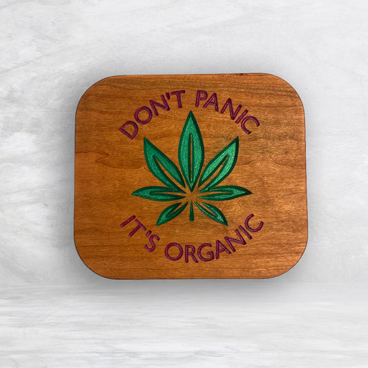 Solid Cherry Wood Box with Lid - Natural Stain & Hand Painted - Don't Panic It's Organic - Made in USA