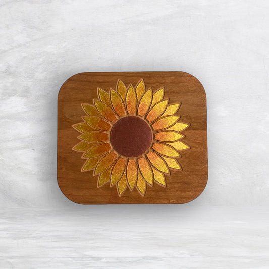 Solid Cherry Wood Box with Lid - Natural Stain & Hand Painted - Sunflower - Made in USA
