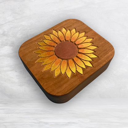 Solid Cherry Wood Box with Lid - Natural Stain & Hand Painted - Sunflower - Made in USA