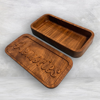Medium Wood Box with "Memories" Carved Lid - Precision Carved Solid Cherry Wood Box - Made in USA