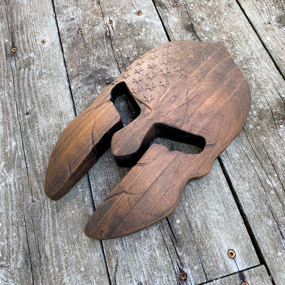 3D USA Spartan Helmet #2 - Precision Carved Solid Cherry Sign Art - Size Medium - Brown - Made in USA