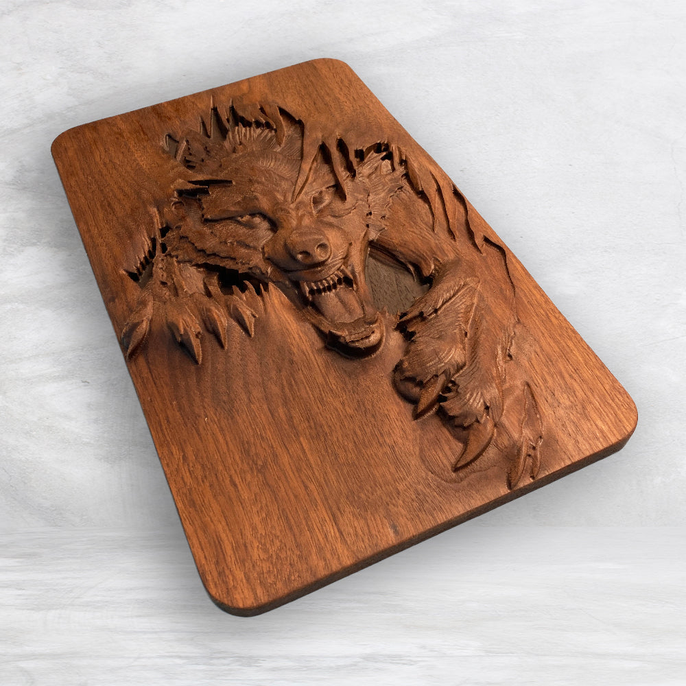 3D Wolf "Mallister Growley" Wood Carving - Precision Carved Solid Premium Walnut Carved Art - Made in USA