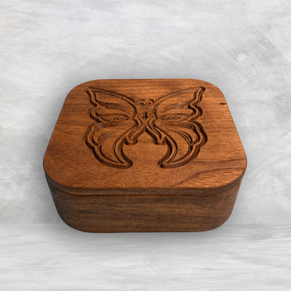Small Wood Box with Butterfly Carved Lid - Precision Carved Solid Cherry Wood Box - Made in USA