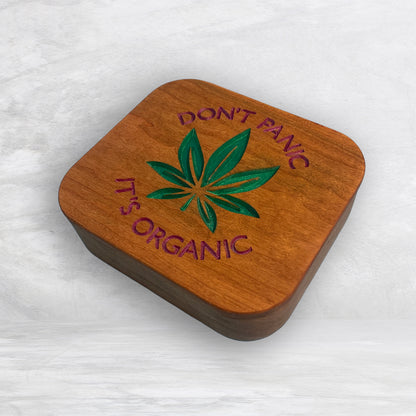 Solid Cherry Wood Box with Lid - Natural Stain & Hand Painted - Don't Panic It's Organic - Made in USA