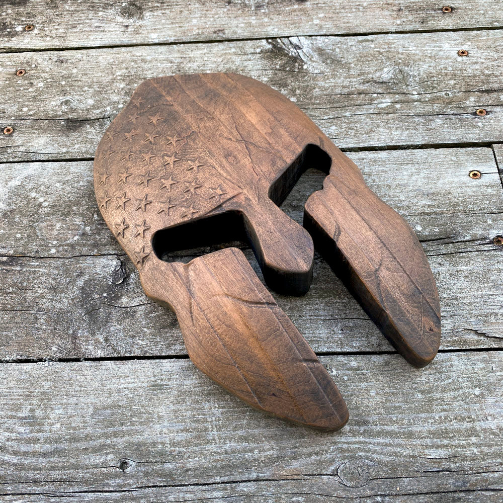 3D USA Spartan Helmet #2 - Precision Carved Solid Cherry Sign Art - Size Medium - Brown - Made in USA