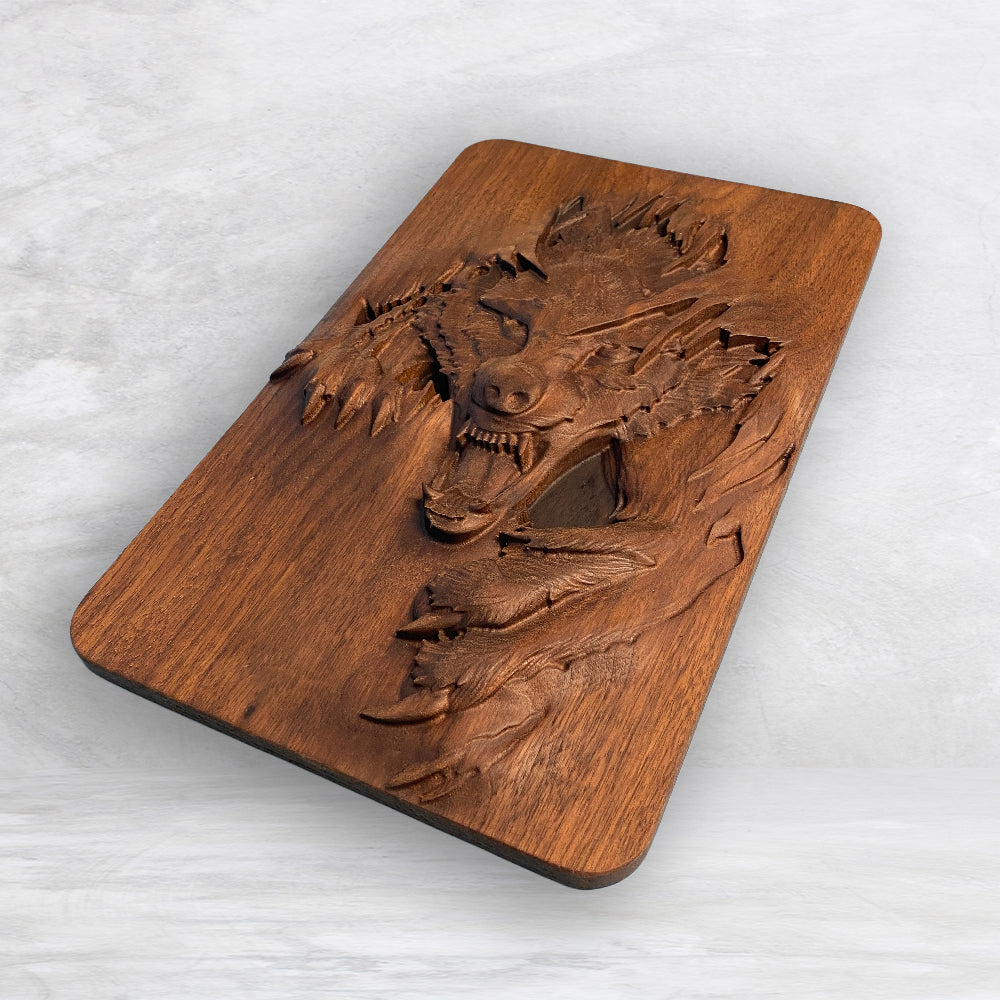 3D Wolf "Mallister Growley" Wood Carving - Precision Carved Solid Premium Walnut Carved Art - Made in USA