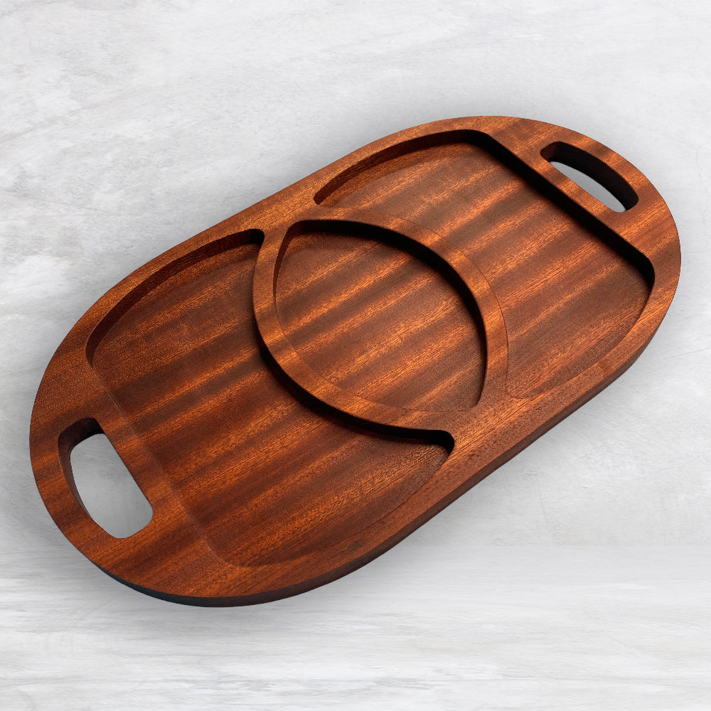 Large Oval Wood Serving Tray 1 - Precision Carved Solid Sapele Wood Tray - Made in USA