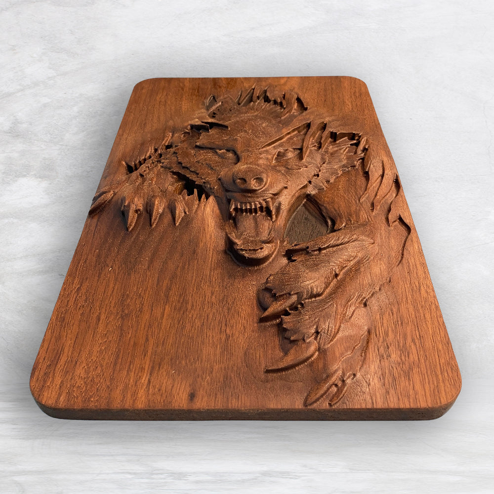 3D Wolf "Mallister Growley" Wood Carving - Precision Carved Solid Premium Walnut Carved Art - Made in USA