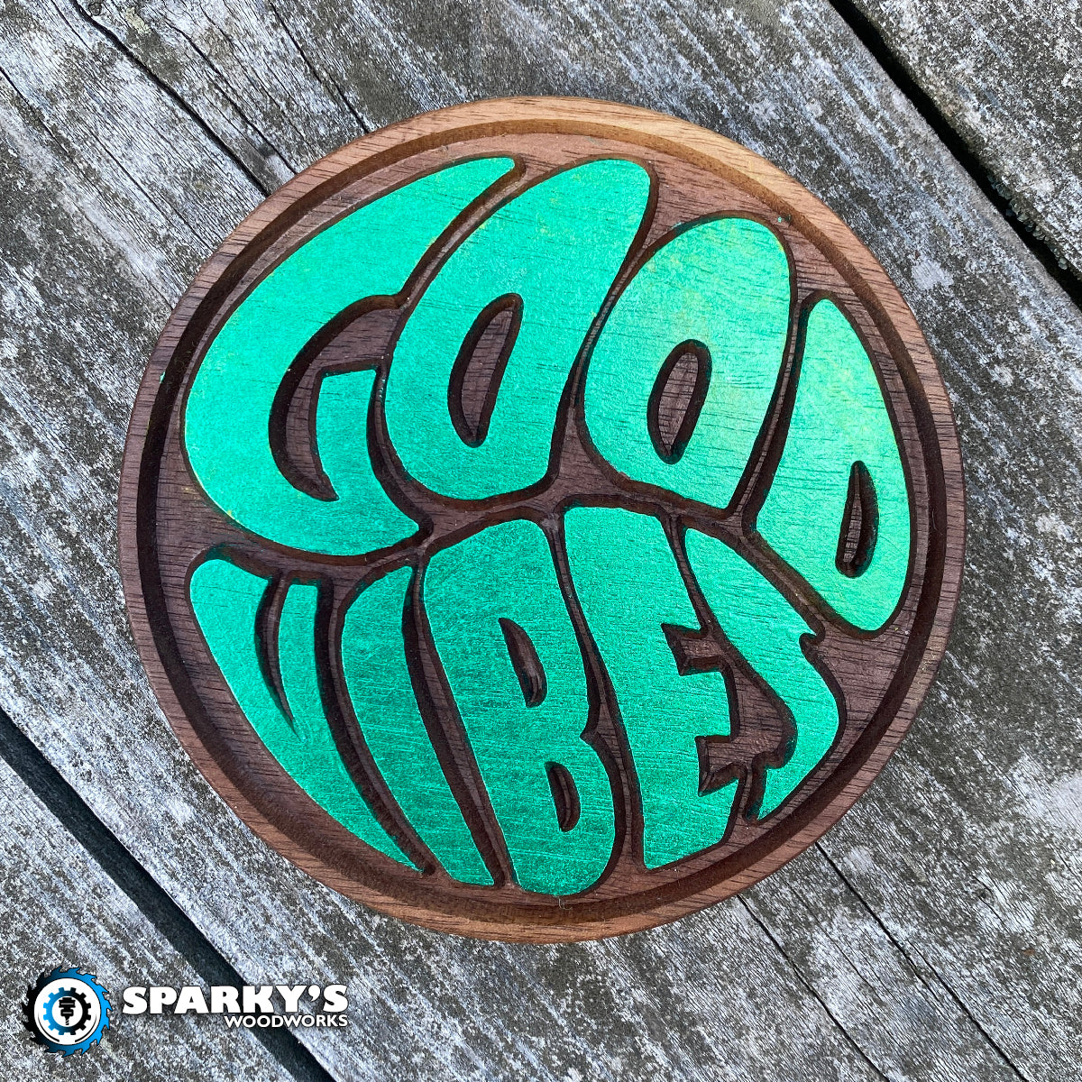 Good Vibes Wood Sign - Size Small Round - Walnut - Painted