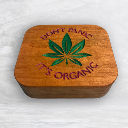 Solid Cherry Wood Box with Lid - Natural Stain & Hand Painted - Don't Panic It's Organic - Made in USA