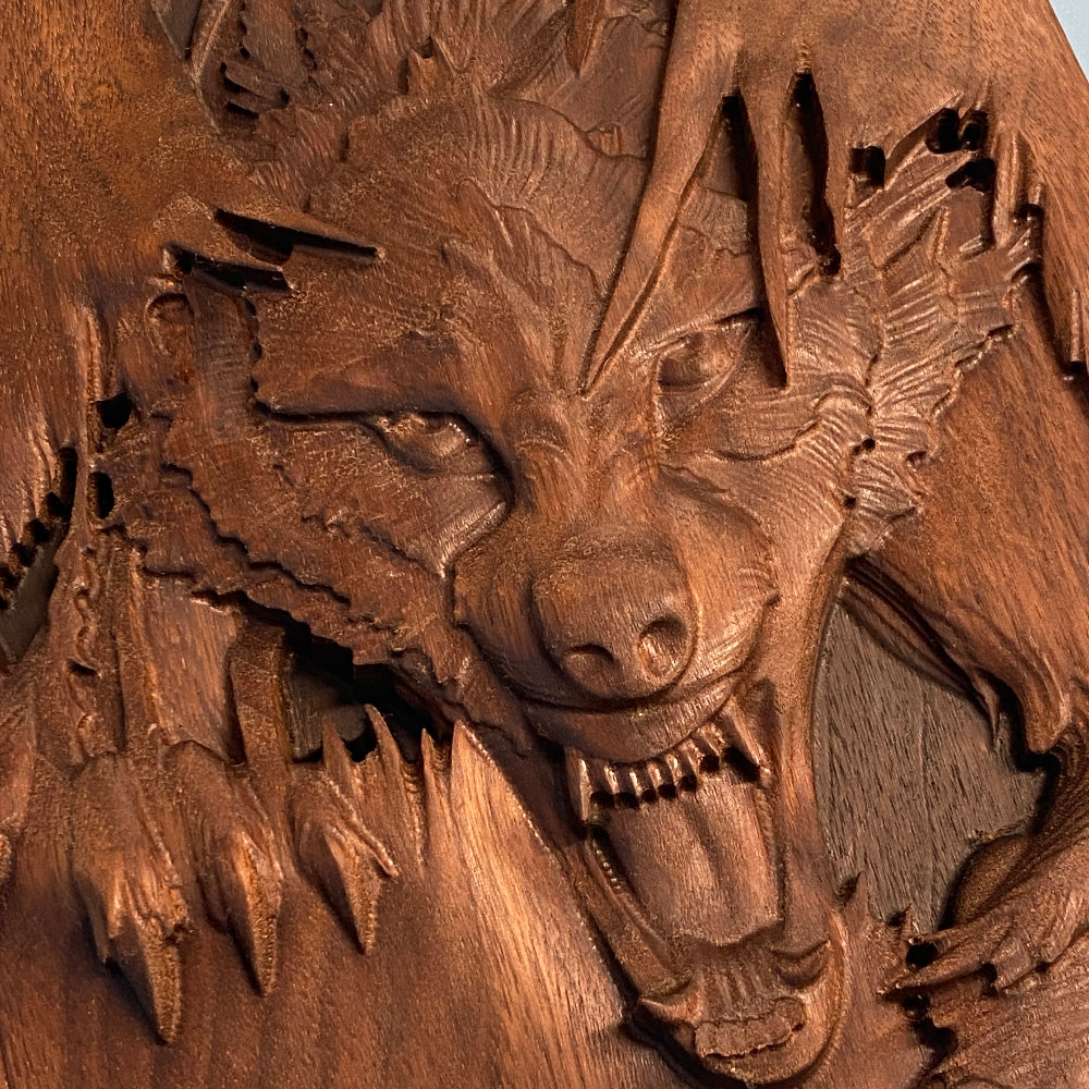 3D Wolf "Mallister Growley" Wood Carving - Precision Carved Solid Premium Walnut Carved Art - Made in USA
