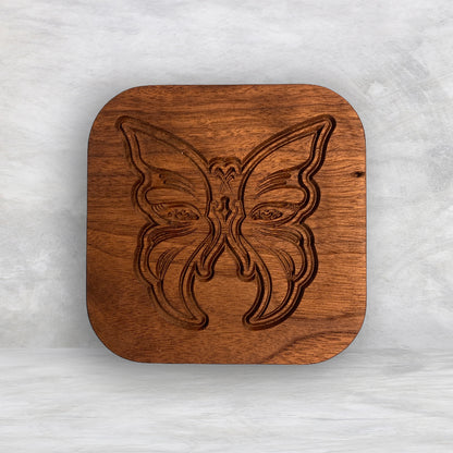 Small Wood Box with Butterfly Carved Lid - Precision Carved Solid Cherry Wood Box - Made in USA