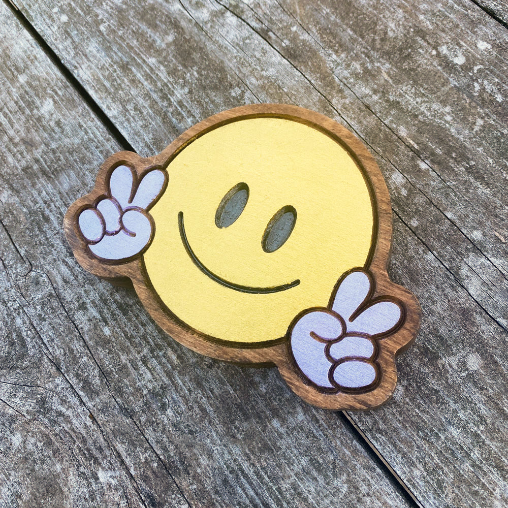 Peace Smiley Guy Wood Sign - Size Small - Purple Hands