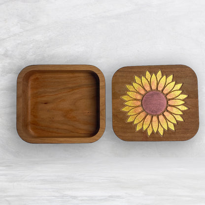 Solid Cherry Wood Box with Lid - Natural Stain & Hand Painted - Sunflower - Made in USA