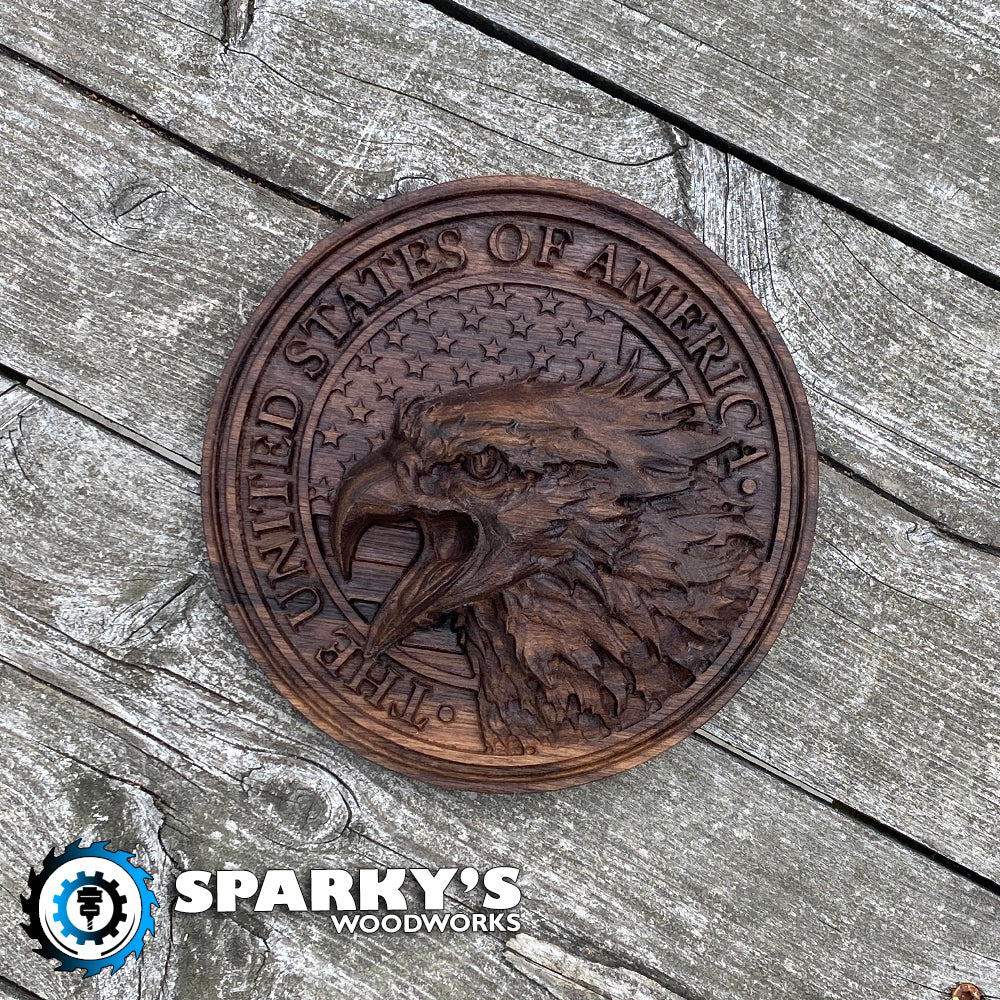 3D Carved Wood Eagle Over USA Flag - Size Small