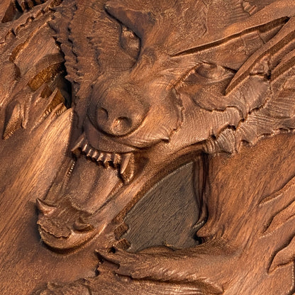 3D Wolf "Mallister Growley" Wood Carving - Precision Carved Solid Premium Walnut Carved Art - Made in USA