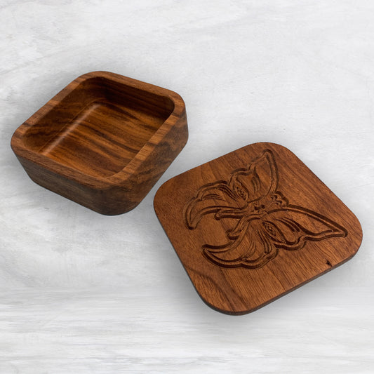 Small Wood Box with Butterfly Carved Lid - Precision Carved Solid Cherry Wood Box - Made in USA
