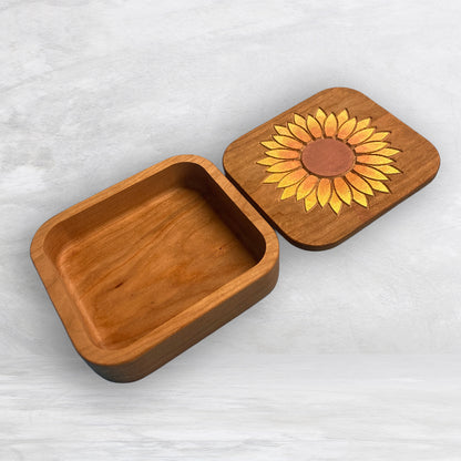 Solid Cherry Wood Box with Lid - Natural Stain & Hand Painted - Sunflower - Made in USA
