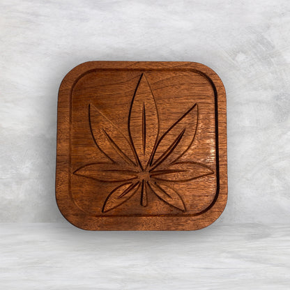 Small Wood Box with Pot Leaf Carved Lid - Precision Carved Solid Cherry Wood Box - Made in USA