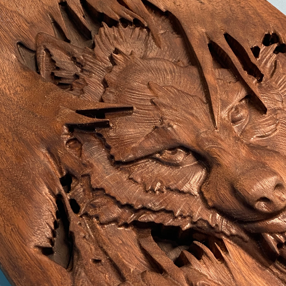 3D Wolf "Mallister Growley" Wood Carving - Precision Carved Solid Premium Walnut Carved Art - Made in USA