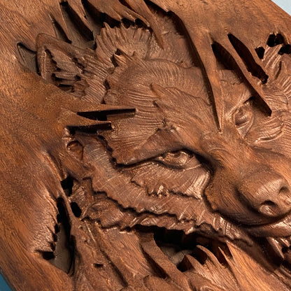 3D Wolf "Mallister Growley" Wood Carving - Precision Carved Solid Premium Walnut Carved Art - Made in USA