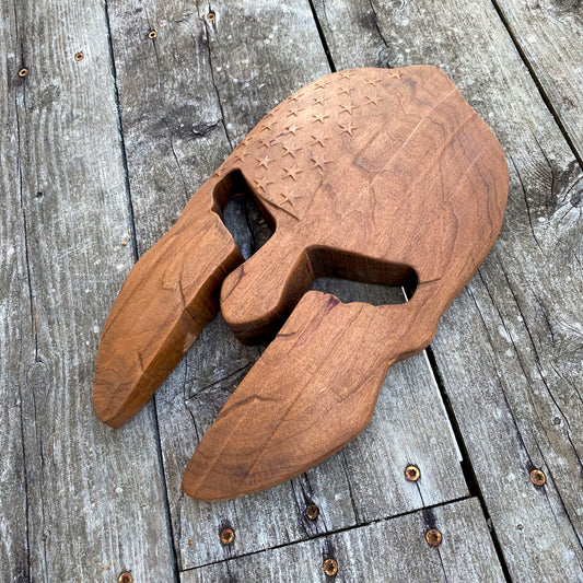 3D USA Spartan Helmet #1 - Precision Carved Solid Cherry Sign Art - Size Medium - Natural - Made in USA