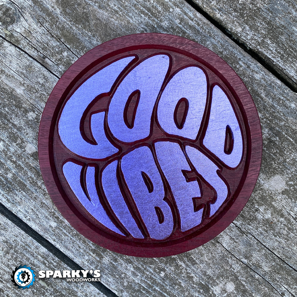 Good Vibes Wood Sign - Size Small Round - Purpleheart