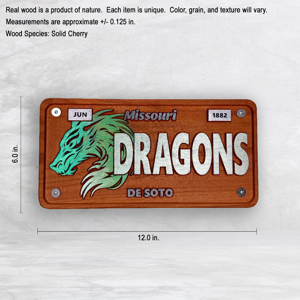 De Soto Dragons Wood Novelty License Plate - DRAGONS - Solid Cherry Art Decor Collectible - Precision Carved - Hand Finished - Made in USA