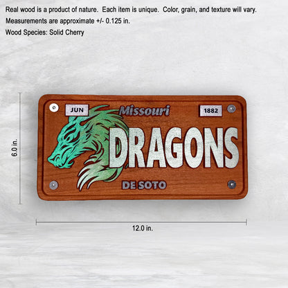 De Soto Dragons Wood Novelty License Plate - DRAGONS - Solid Cherry Art Decor Collectible - Precision Carved - Hand Finished - Made in USA