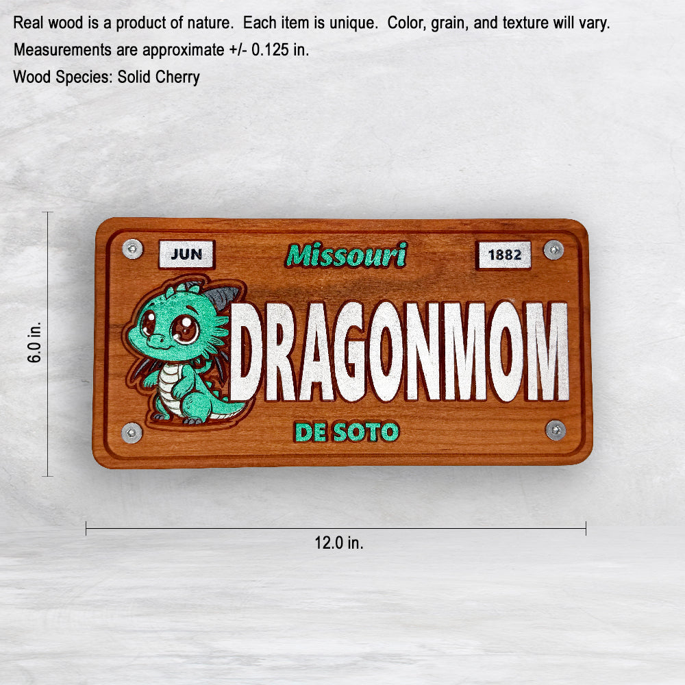 De Soto Dragons Wood Novelty License Plate - DRAGONMOM - Solid Cherry Art Decor Collectible - Precision Carved - Hand Finished - Made in USA