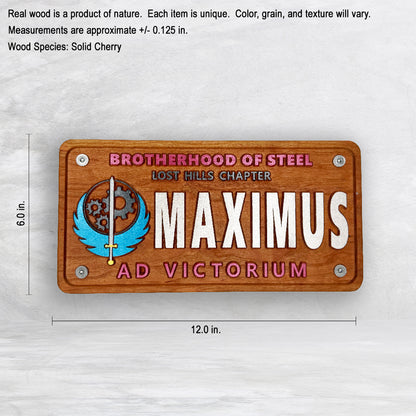 Fallout Novelty License Plate - MAXIMUS - Solid Cherry Art Decor Collectible - Precision Carved - Hand Finished - Made in USA