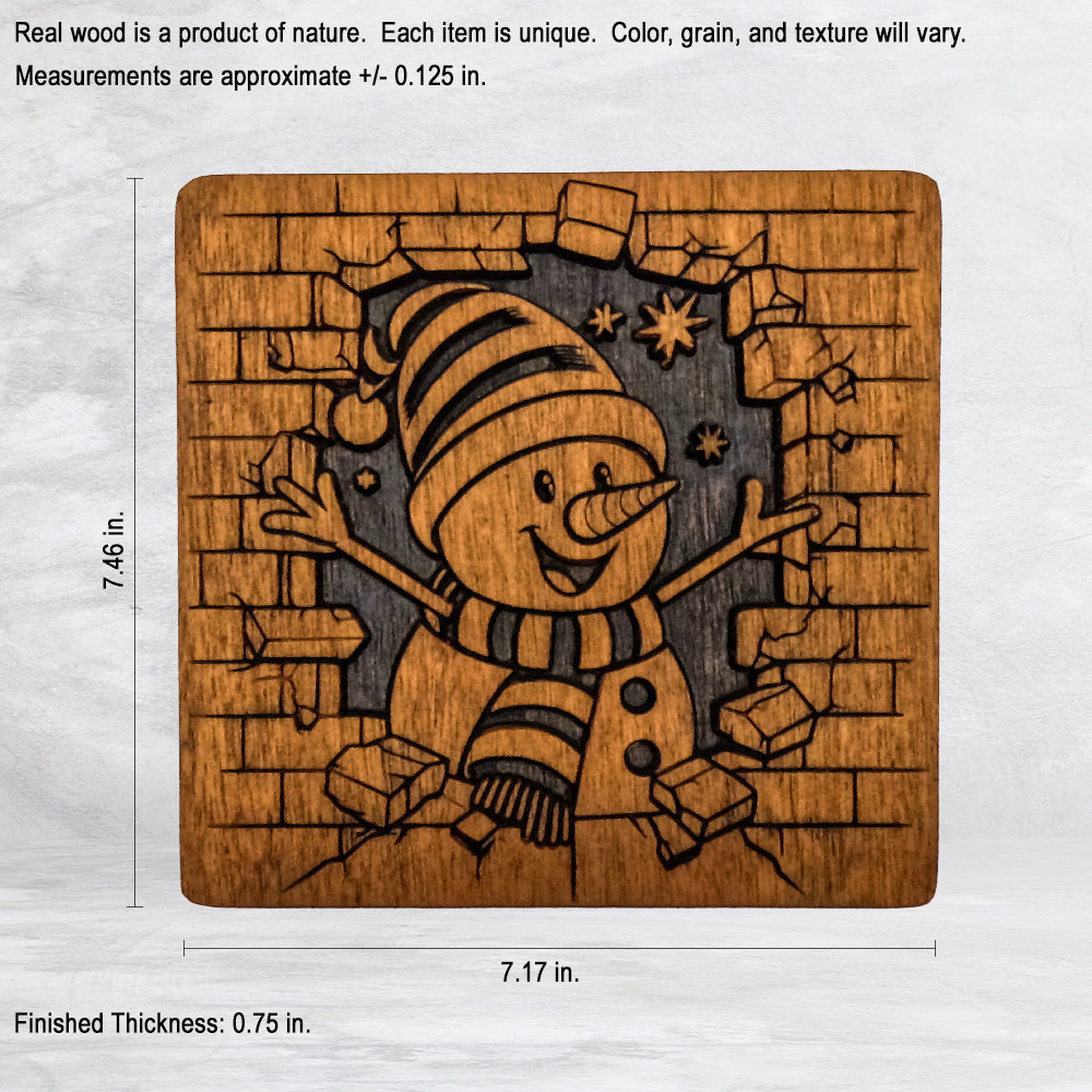 Breakout Snowman - Unpainted - Precision Carved Solid Cherry Christmas Decor Art - Made in USA