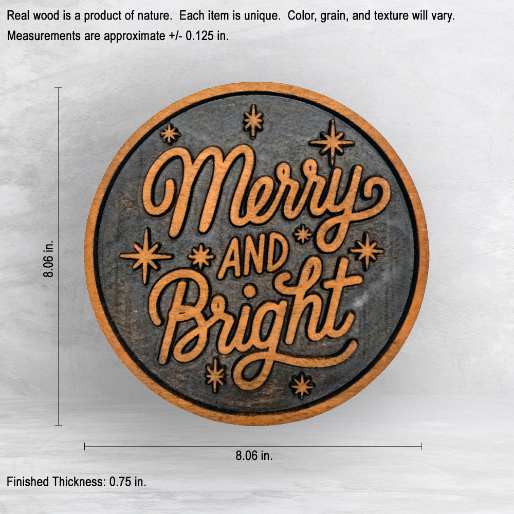 Merry and Bright Sign - Precision Carved Solid Cherry Christmas Decor Art - Made in USA