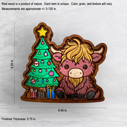 Christmas Cow by the Tree - Precision Carved Solid Cherry Christmas Decor Art - Made in USA