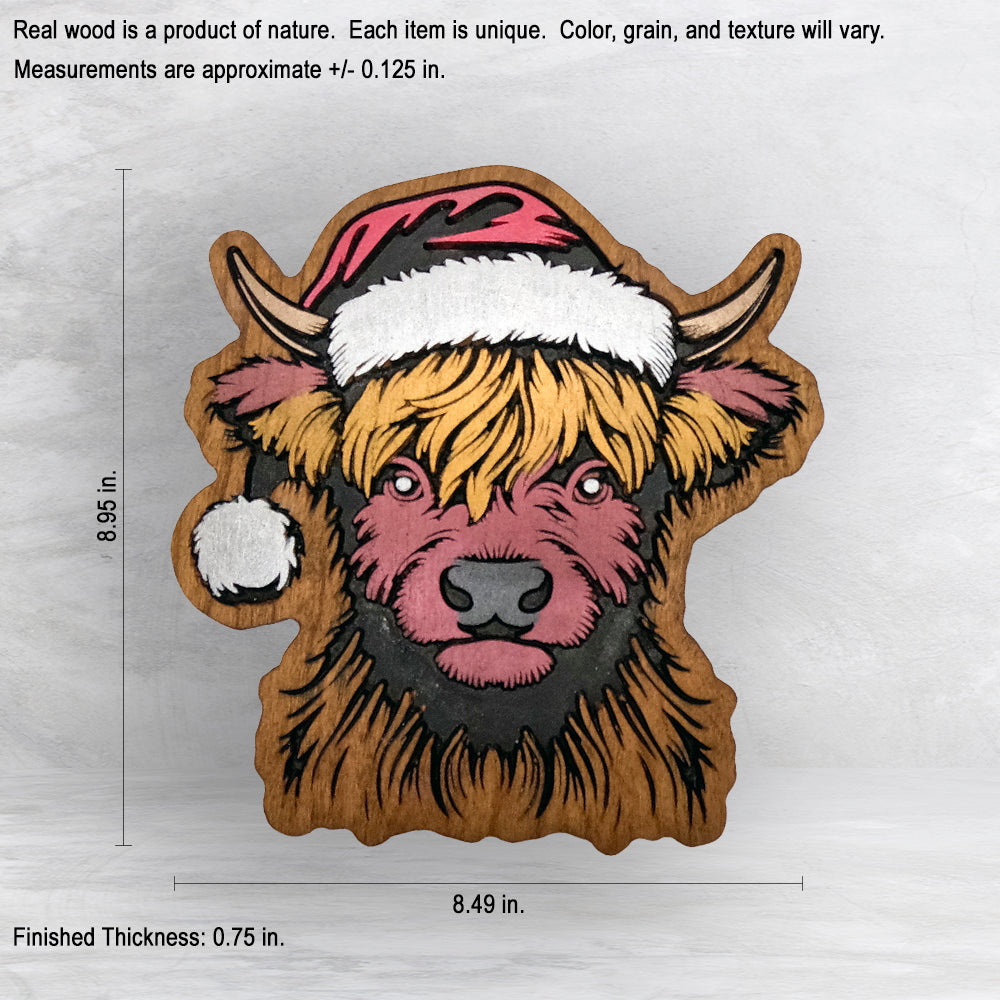 Santa Hat Highland Cow - Painted - Precision Carved Solid Cherry Christmas Decor Art - Made in USA