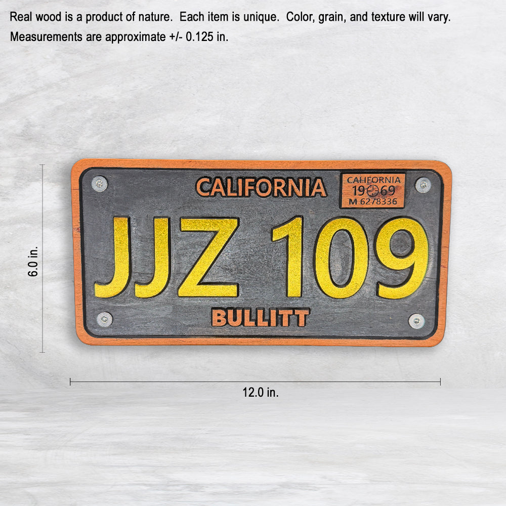 Bullitt Inspired Wood License Plate - JJZ 109 - Made in USA