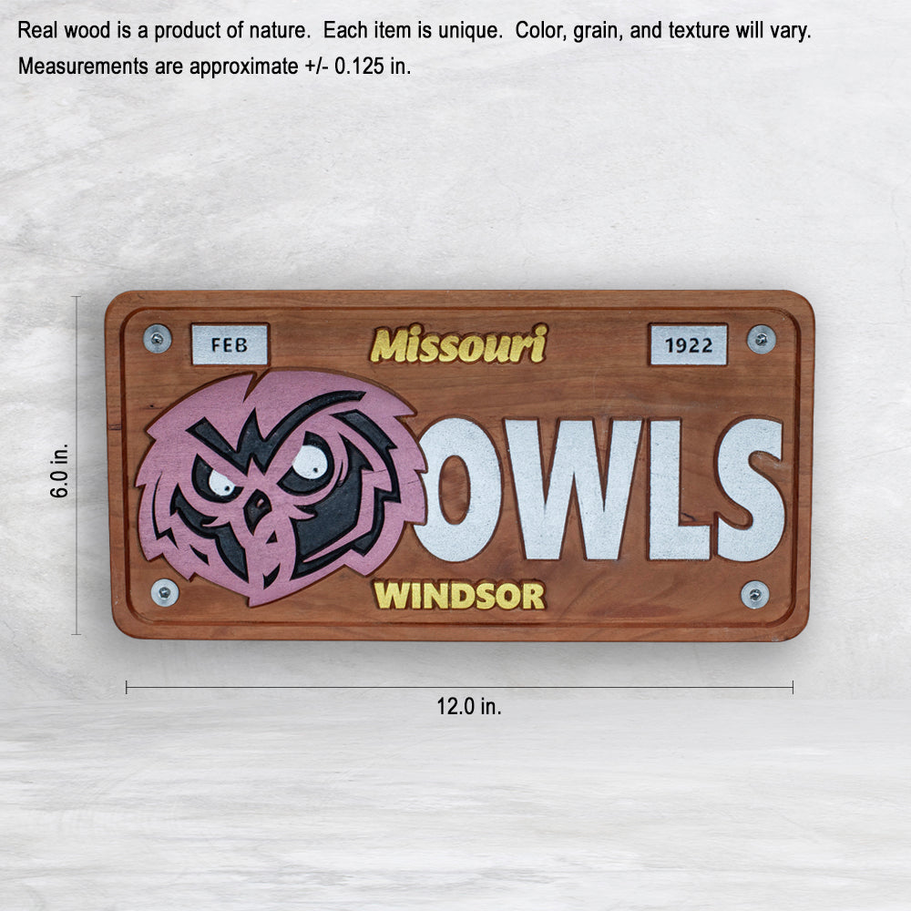 Windsor Owls Novelty License Plate - OWLS - Solid Cherry Art Decor Collectible - Precision Carved - Hand Finished - Made in USA