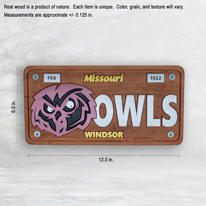 Windsor Owls Novelty License Plate - OWLS - Solid Cherry Art Decor Collectible - Precision Carved - Hand Finished - Made in USA